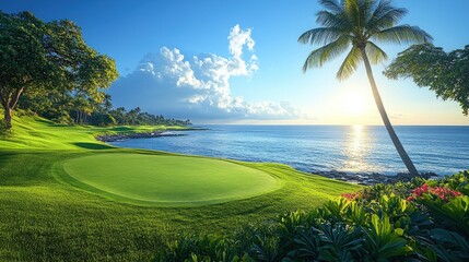 Tropical golf course at sunset