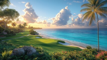Tropical golf course at sunrise