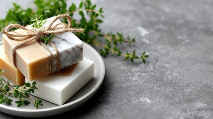 Handcrafted soap elegantly packaged in kraft paper and twine, placed on a gray plate with thyme branches, showcasing minimalistic design