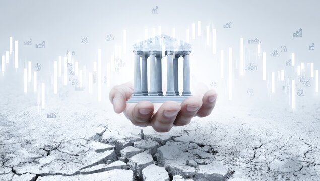 Hand holding a miniature temple over cracked earth