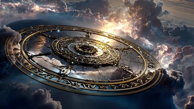 Celestial Clockwork Mechanism Amidst Stormy Clouds
