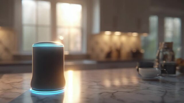 Smart speaker on kitchen countertop with soft sunlight in background