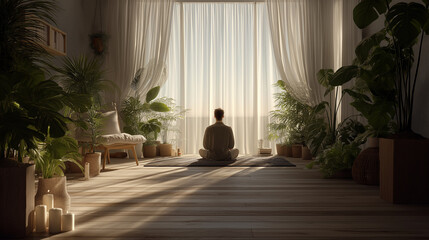 Bright and spacious yoga studio with multiple mats, cushions, and lush green hanging plants, featuring large windows and a serene atmosphere.