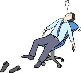 椅子にもたれてだらんとしながらストレスを感じて息を吐くスーツ男性イラスト