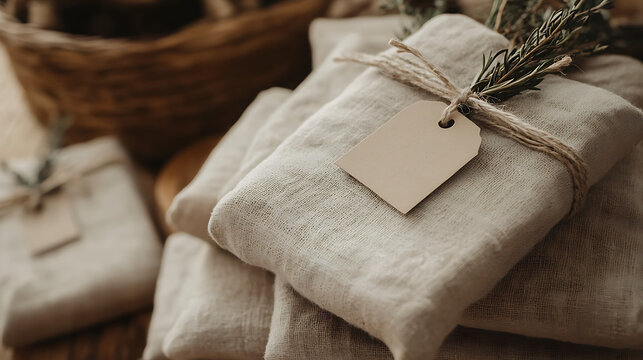 sustainable packaging with hand-tied tag on rustic linen, displayed like artisan market goods.