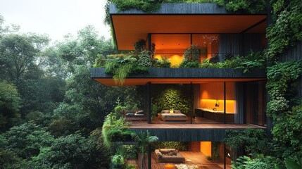 Modern eco-friendly apartment building nestled in a lush forest