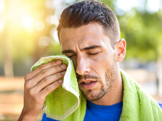 An athletic young male suffering from heatstroke, using a towel to wipe sweat dripping down on his face