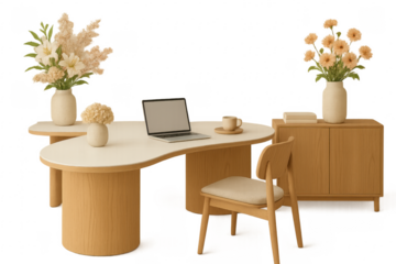 Modern home office setup with laptop, chair, and flowers on transparent background