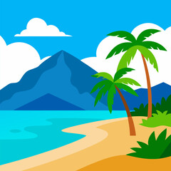 Obraz premium Sandy beach with palm trees, mountains, and clear blue skies landscape vector on natural background.