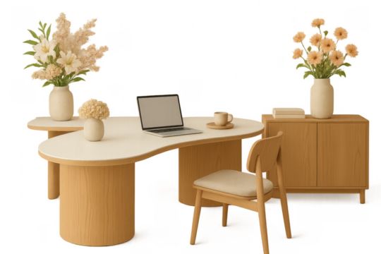 Modern home office setup with laptop, chair, and flowers on transparent background