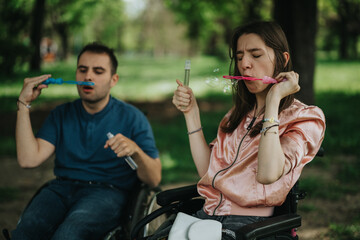 Two individuals in wheelchairs are blowing soap bubbles in a lively outdoor setting, highlighting...