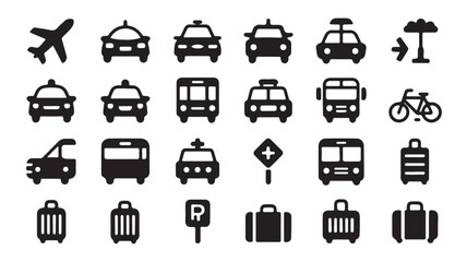 "Transport & Travel Icons Set – Airplane, Car, Taxi, Bus, Train, Bicycle, Luggage"
