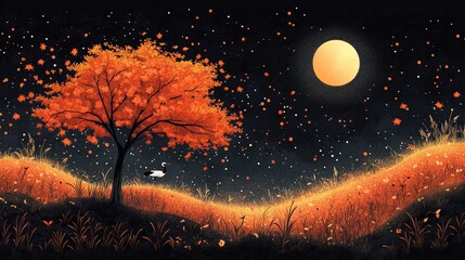Autumnal night scene with a lone tree