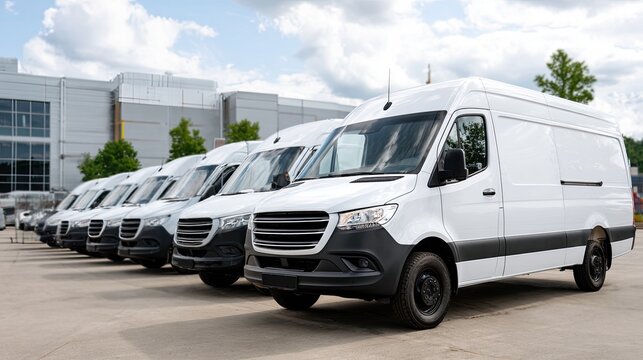 New white vans with black grilles are neatly arranged in a parking lot, emphasizing a professional fleet ready for business needs