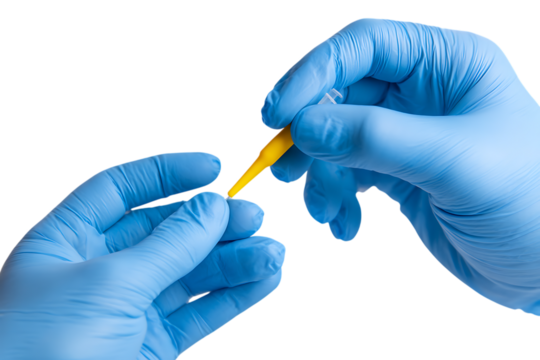 Gloved hands carefully handle a yellow medical tool.