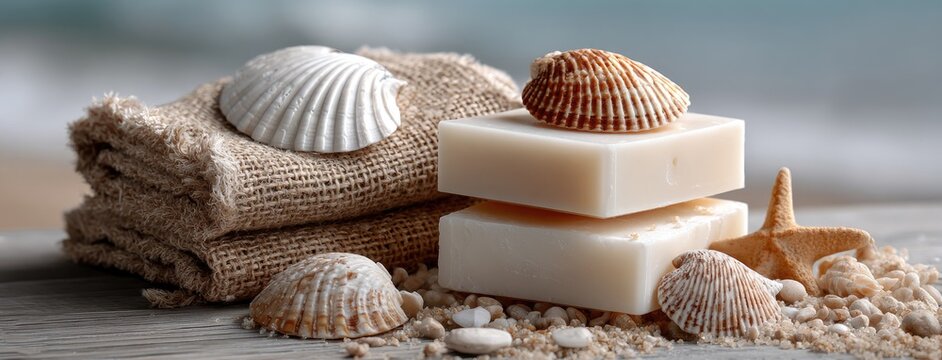White soap bars arranged with burlap and seashells create a serene and calming atmosphere perfect for relaxation and self-care