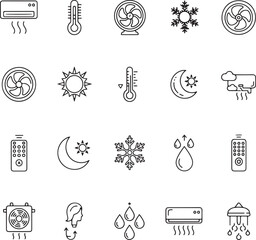 Line Art Icon Set of Air Conditioning and Cooling Systems.