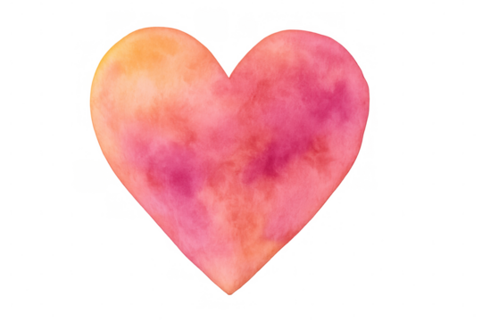 Watercolor heart painted in soft pink and orange hues, floating against transparent backdrop, conveying delicate romantic mood