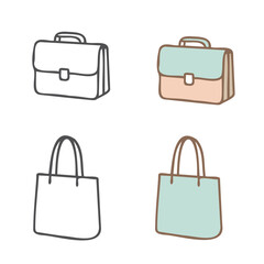 Set of Stylish Bags in Flat and Outline Style. Black and Color Versions with Fill and Stroke
