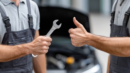 Two male hands show a thumbs-up gesture while holding a wrench in a garage, emphasizing teamwork during an automotive repair task