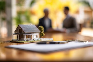 Miniature house on a desk, blurred figures in background