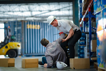 Young worker rushes to help injured senior colleague who fell in warehouse. Team support, safety...