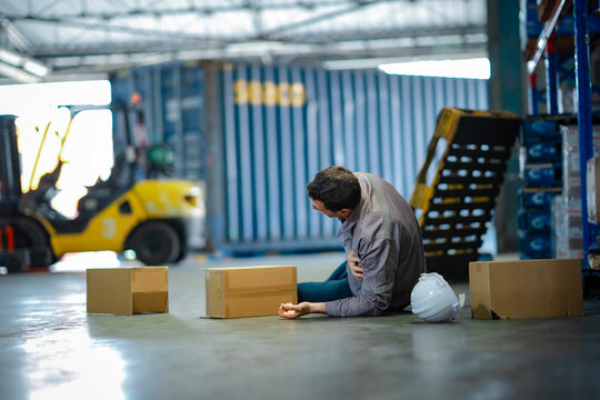 Workplace injury in logistics sector: elderly man fell among cargo. Visual for use in risk management, OSHA training, and insurance claims. - Powered by Adobe