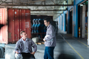 Men working in a warehouse discussing cargo management. Perfect for themes such as logistics...