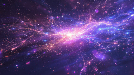 Fototapeta premium A vibrant, cosmic nebula depicted with swirling, luminous gases in shades of purple, pink, and blue, punctuated by bright sparks and ethereal strands of light against a dark, starry backdrop