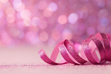 Pink ribbon curl on a glittery pink background