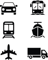 Black and white transportation icons representing car bus train ship airplane and truck