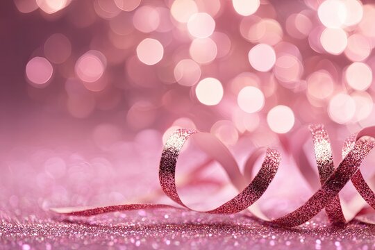 Festive pink ribbon on a glittery background