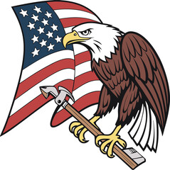 Strong bald eagle gripping hammer with fierce expression in front of waving United States flag patriotic American vector design