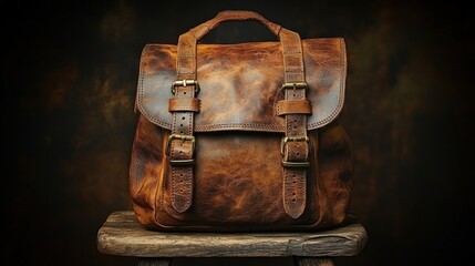 Rustic leather backpack on wooden stool