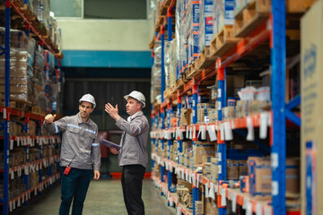Real warehouse scene with engineers checking supply details. Ideal for corporate logistics, freight...