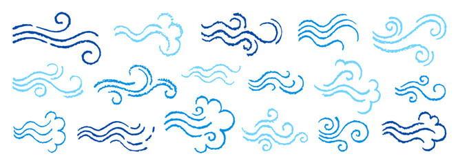 Wind air line icon. Vector blow smoke, wave swirl illustration. Wind air flow. Fresh doodle line cartoon icon. Crayon sketch logo. Weather windy hand drawn bg. Speed blow wave. Simple cloud steam