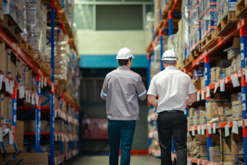 Supply chain discussion scene in storage zone. Ideal for marketing content on delivery solutions,...