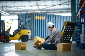 Elderly warehouse employee collapses during shift. Scattered packages highlight the importance of...