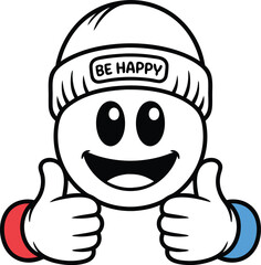 Cheerful cartoon smiley face with thumbs up wearing a "be happy" beanie positive expression