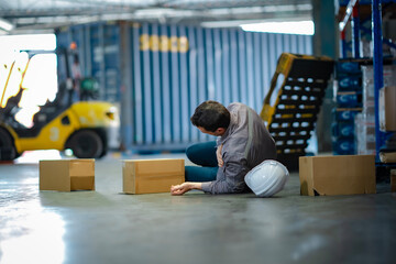 Emergency situation showing senior staff lying injured on warehouse floor. Great for articles on...