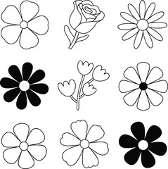 Collection of black and white floral outlines for designs and creative projects