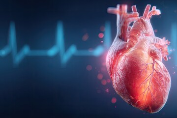 3D model of a human heart against a medical background.  A vibrant, realistic representation of the organ,  with glowing highlights