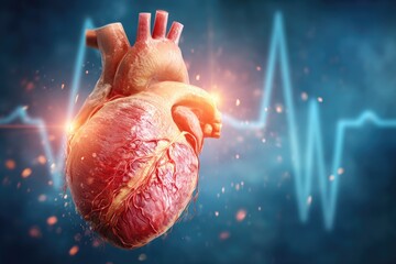 3D model of a human heart, highlighted against a medical-themed backdrop