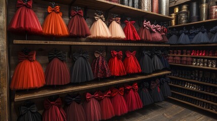 Childrens' dresses on wooden shelves