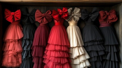 Row of tiered dresses in a wooden display box