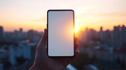 frameless Android phone mockup held in hand at sunset in cityscape background, casual urban lifestyle.