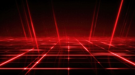 Red grid laser beams on a dark surface