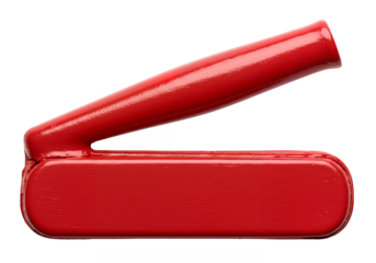 A glossy red metal or wooden tool with a handle raised at an angle set against a stark black background
