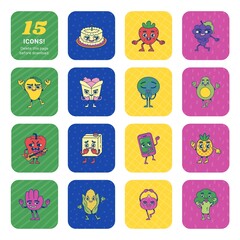 set of funny cartoon vegetables and fruits icons 