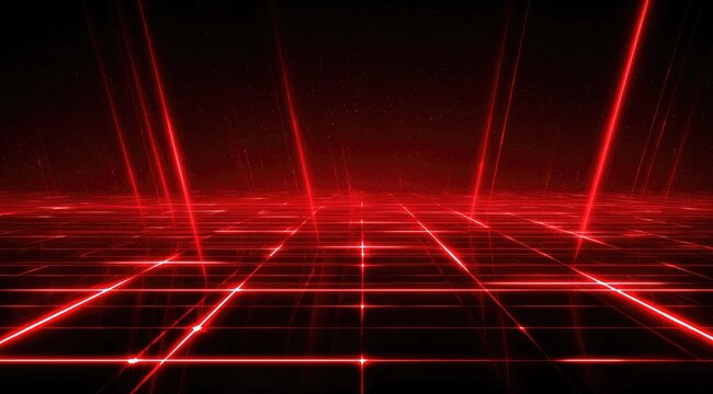 Red grid laser beams on a dark surface